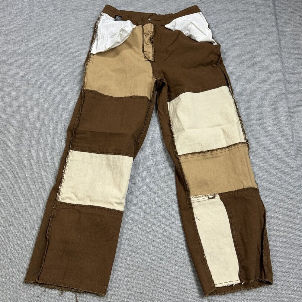 Almost Famous Patchwork Denim Jeans Womens Size 11 Brown Tan Raw Edge High Rise - Picture 3 of 14